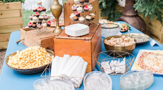baby shower food spread, appetizers and desserts