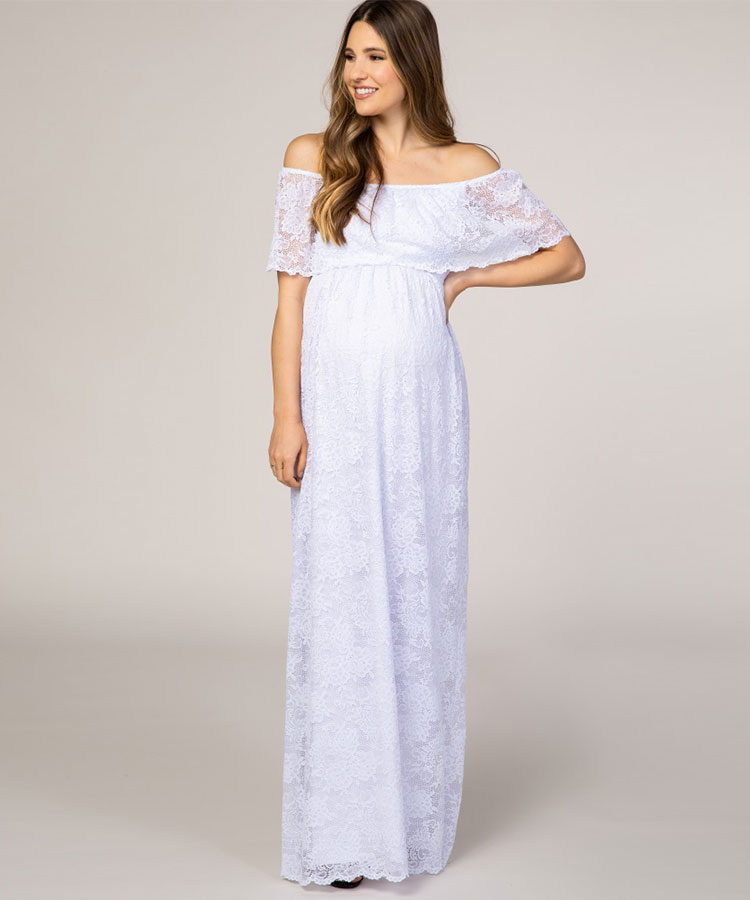 maternity solid white lace off shoulder dress