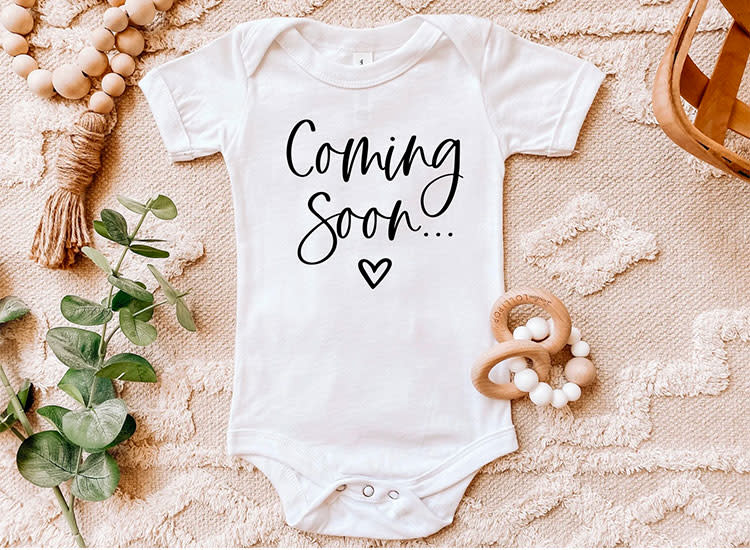Personalised Baby Grow Vest Bodysuit Coming Soon Pregnancy Announcement Name #3