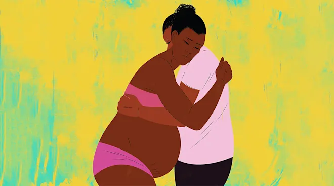 illustration of doula helping pregnant woman through labor 
