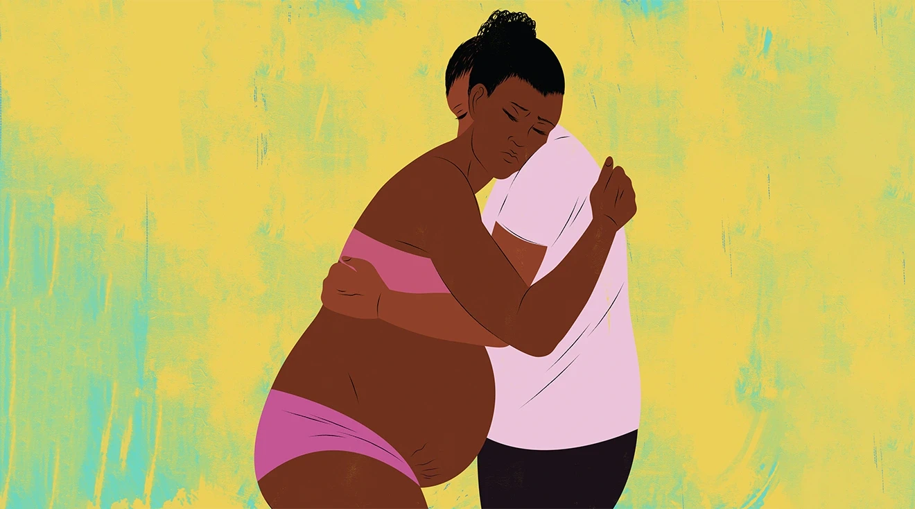 illustration of doula helping pregnant woman through labor 