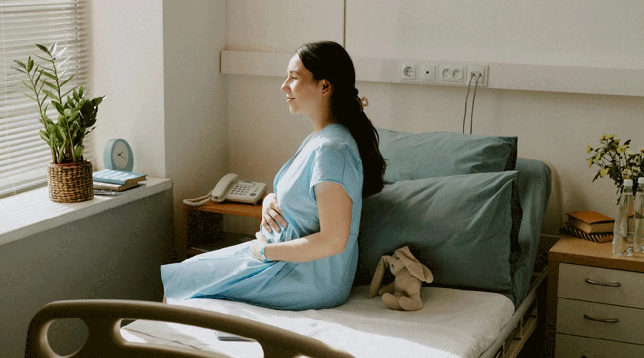 pregnant woman sitting on hospital bed in labor and delivery room