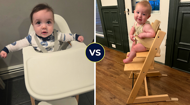 A collage image of a baby in the stokke high chair and another baby in the mockingbird high chair.