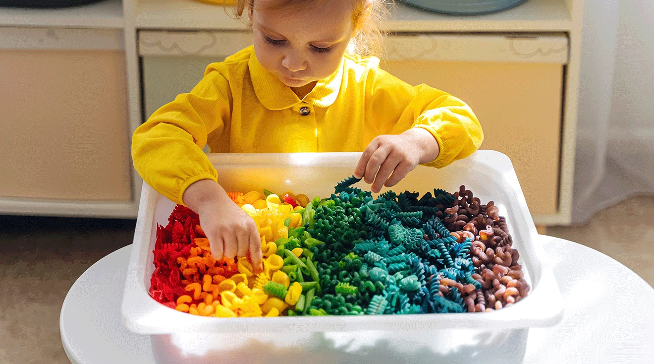 toddler girl playing with pasta sensory bin