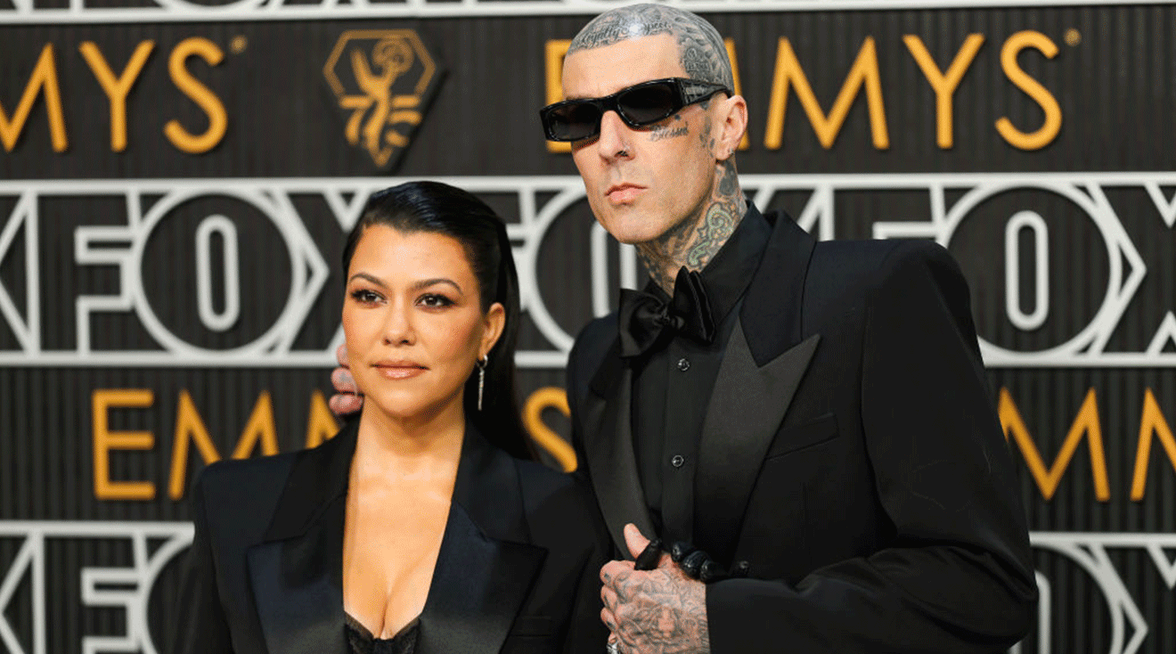 Kourtney Kardashian and Travis Barker attend the 75th Primetime Emmy Awards at Peacock Theater on January 15, 2024 in Los Angeles, California