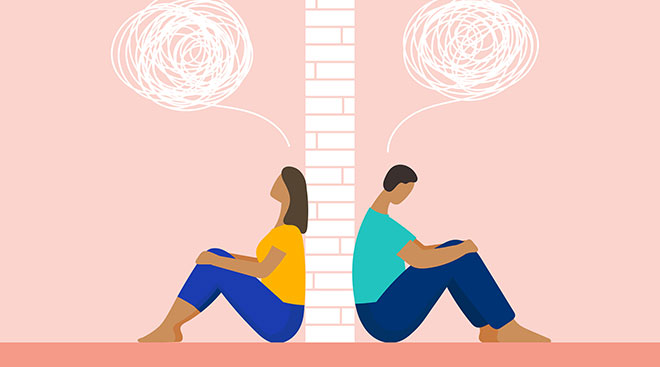 Illustration concept showing upset couple with brick wall in-between them. 