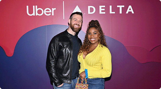 Cameron Hamilton and Lauren Speed-Hamilton attend the Uber and Delta SkyMiles partnership celebration at The Eastern on April 24, 2025 in Atlanta, Georgia