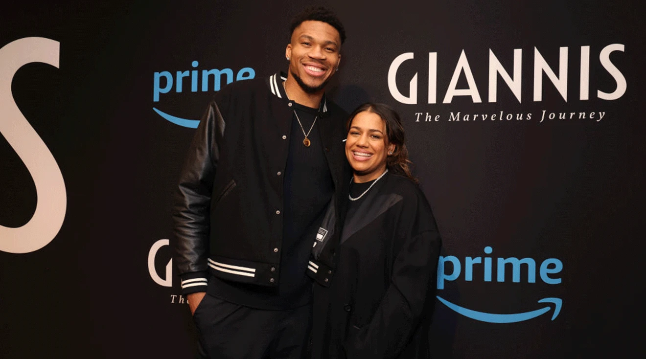 Giannis Antetokounmpo and Mariah Riddlesprigger attend "Giannis: The Marvelous Journey" World Premiere on February 17, 2024 in Indianapolis, Indiana.