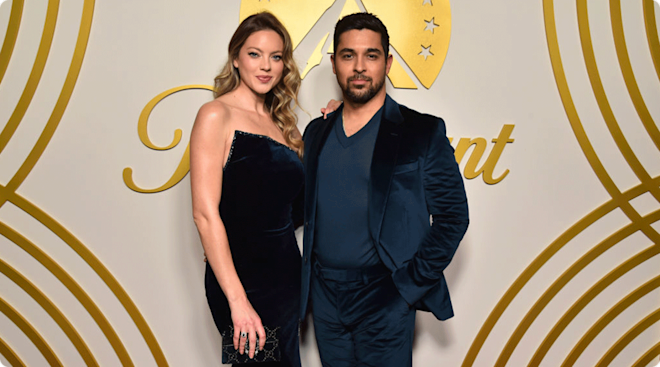 Amanda Pacheco and Wilmer Valderrama attend the Paramount Golden Globe Nominee Celebration at Cipriani Beverly Hills on January 04, 2025, in Beverly Hills, California