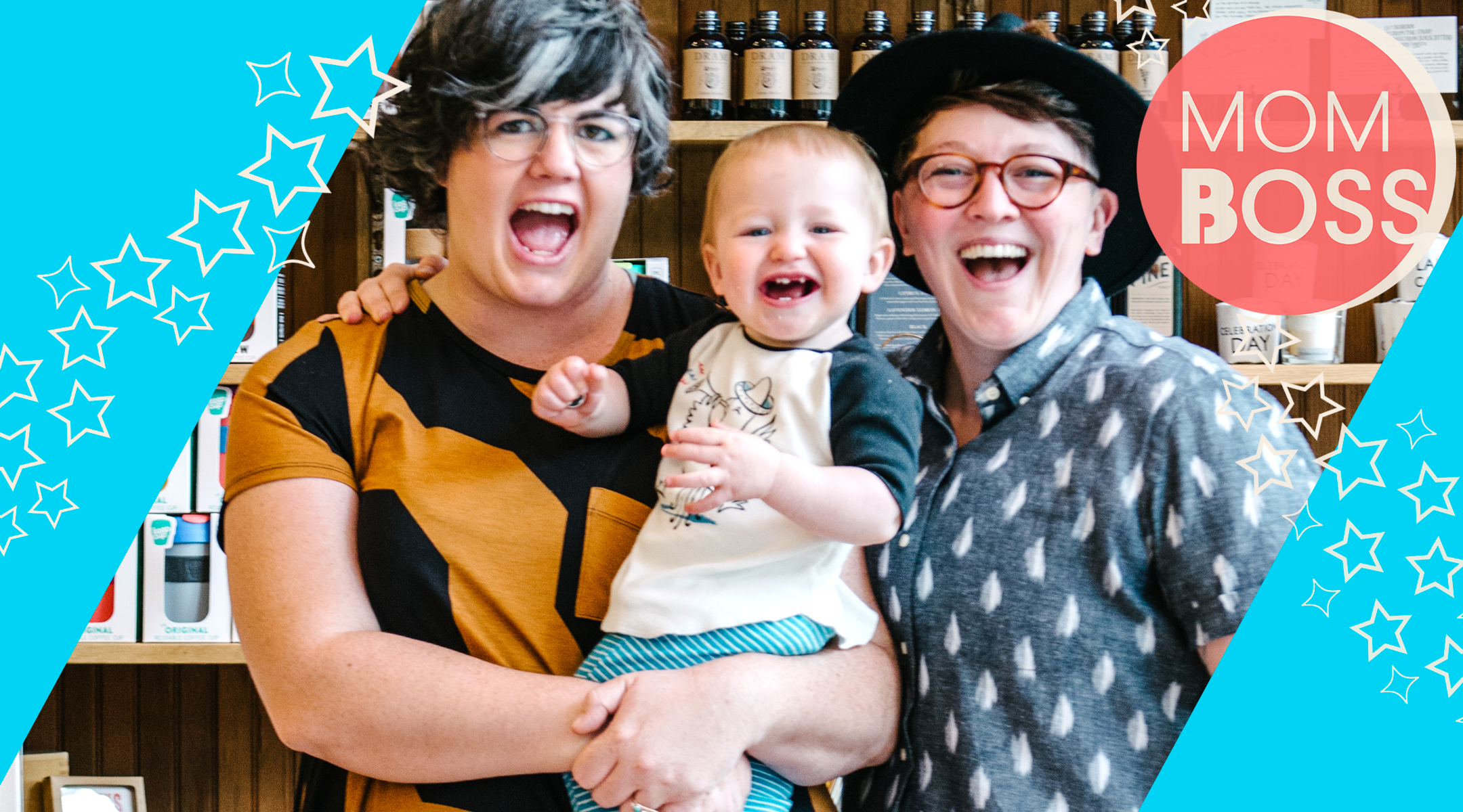 mom boss owners of ladyfingers letterpress pictured with their baby
