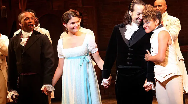 Hamilton characters on broadway at closing bow