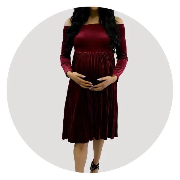 Sexy Mama Maternity Off the Shoulder Velvet Maternity Dress in Burgundy