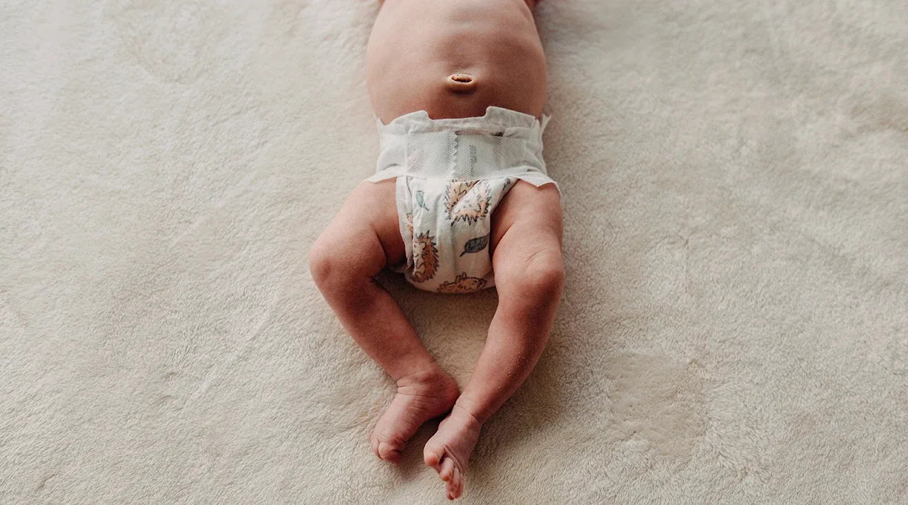 close up of baby's belly, legs, and diaper