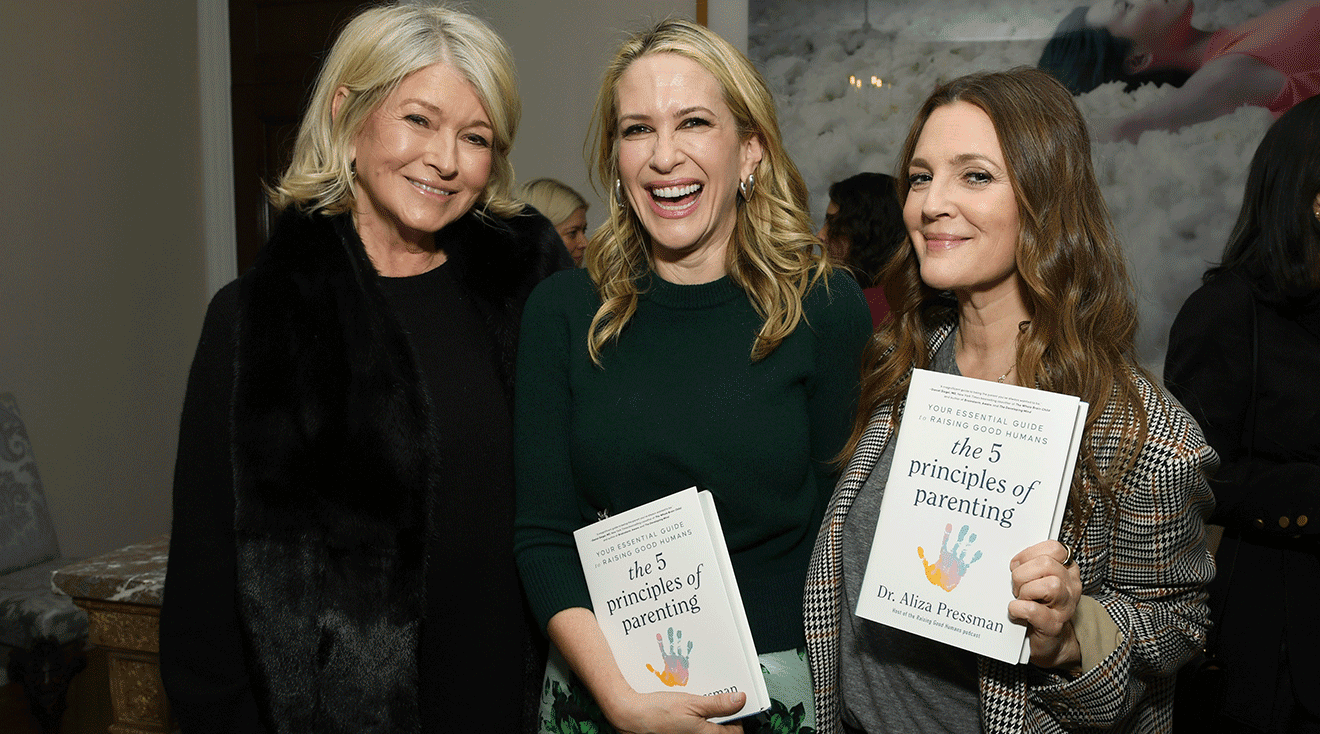Martha Stewart, Dr. Aliza Pressman and Drew Barrymore attend Dr. Aliza Pressman's "5 Principles Of Parenting" NYC book launch party on January 17, 2024 in New York City