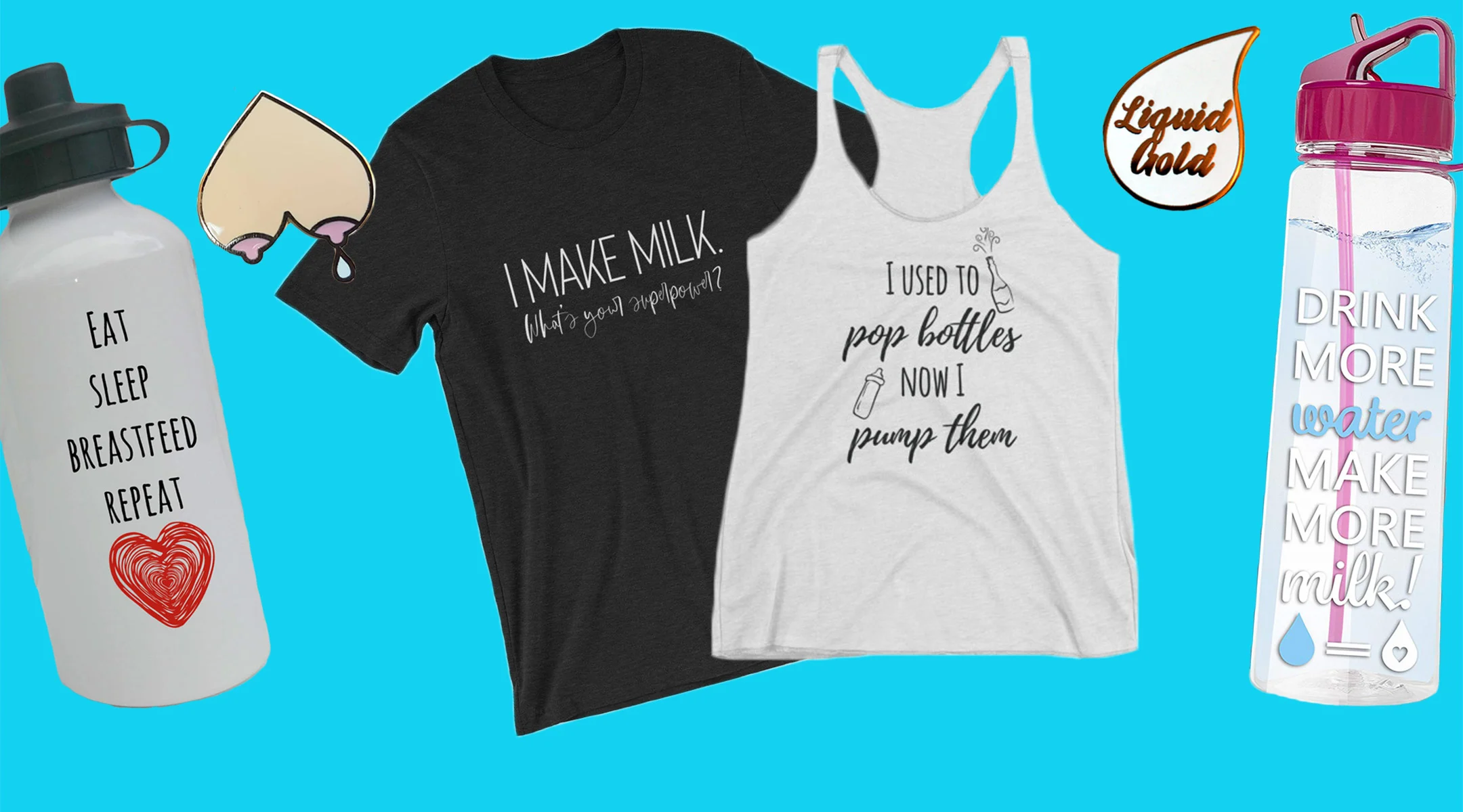 collage of breastfeeding positive gear and products