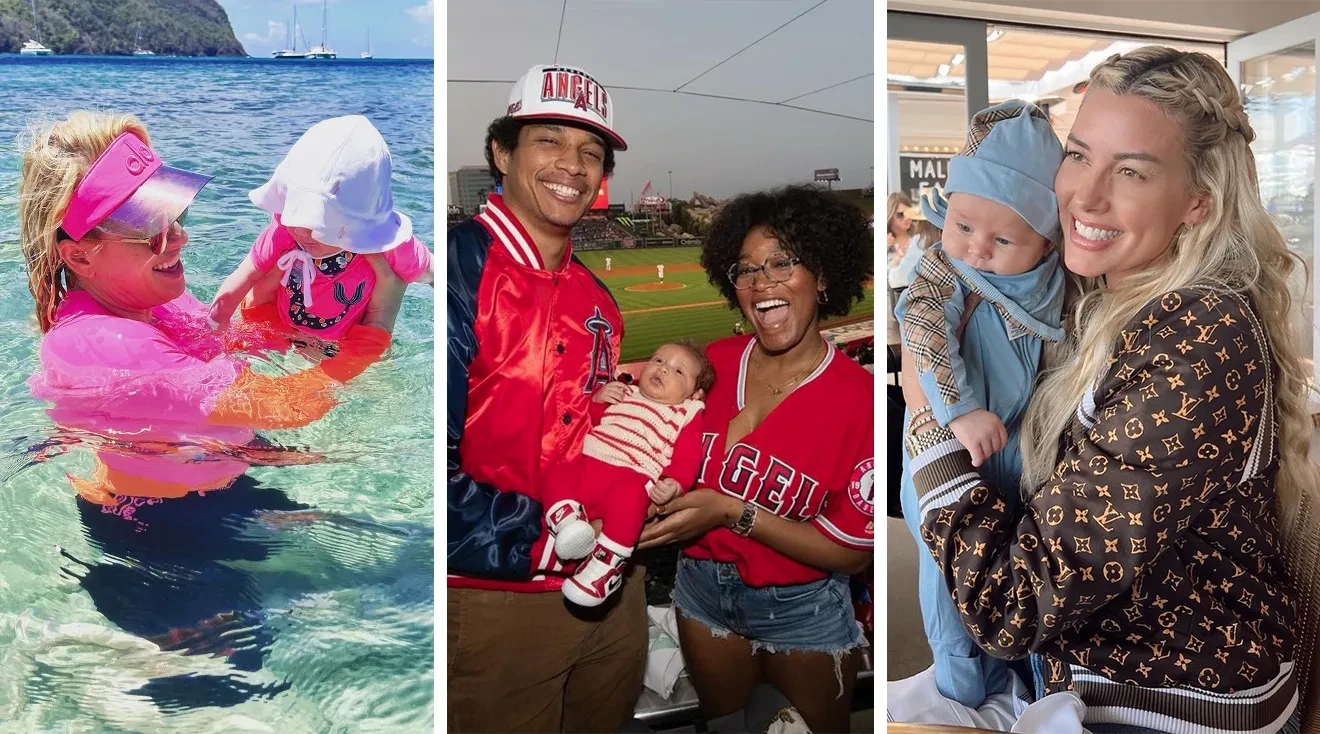 collage of rebel wilson, keke palmer, and heather rae el moussa with their babies