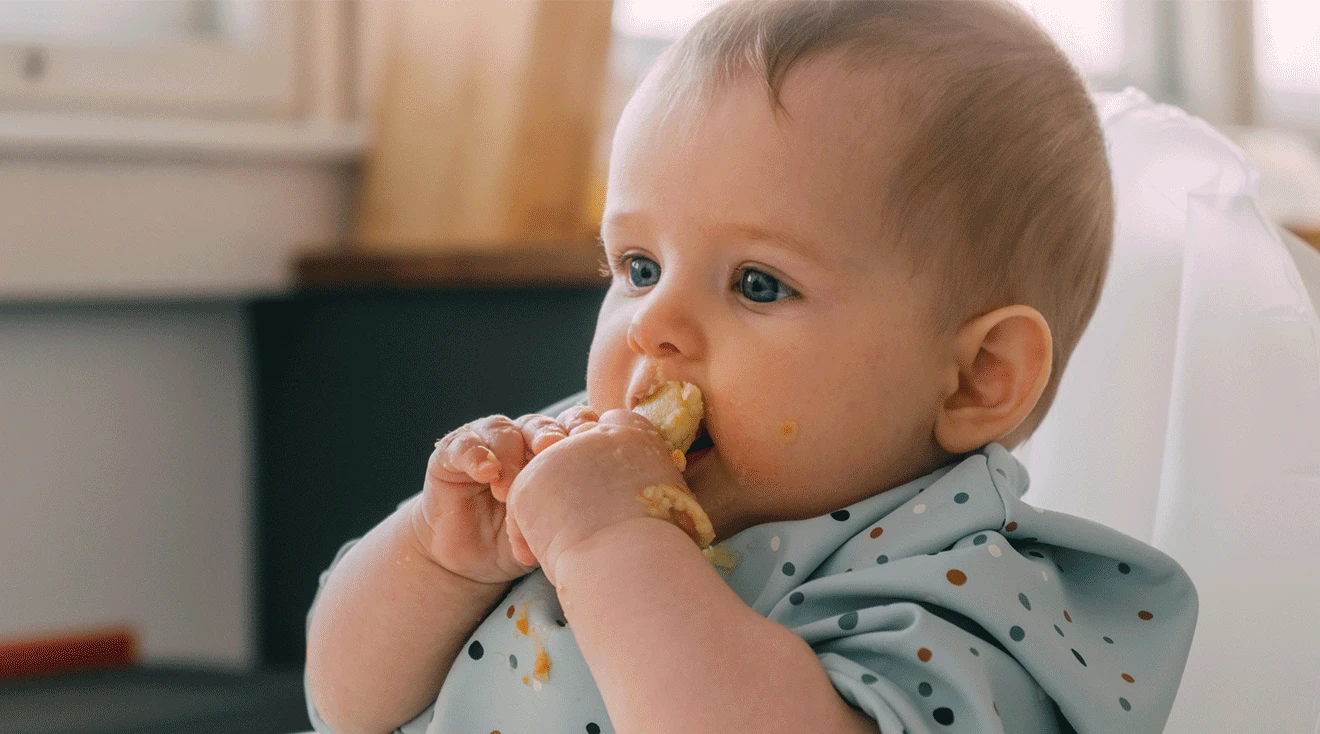 baby eating food in high chair