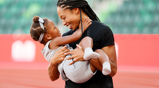Allyson Felix holds her daughter, after day nine of the 2020 U.S. Olympic Track & Field Team Trials at Hayward Field.