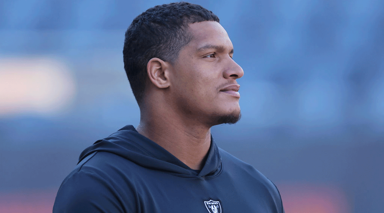 Isaac Rochell #96 of the Las Vegas Raiders looks on prior to the game against the Chicago Bears at Soldier Field on October 22, 2023 in Chicago, Illinois