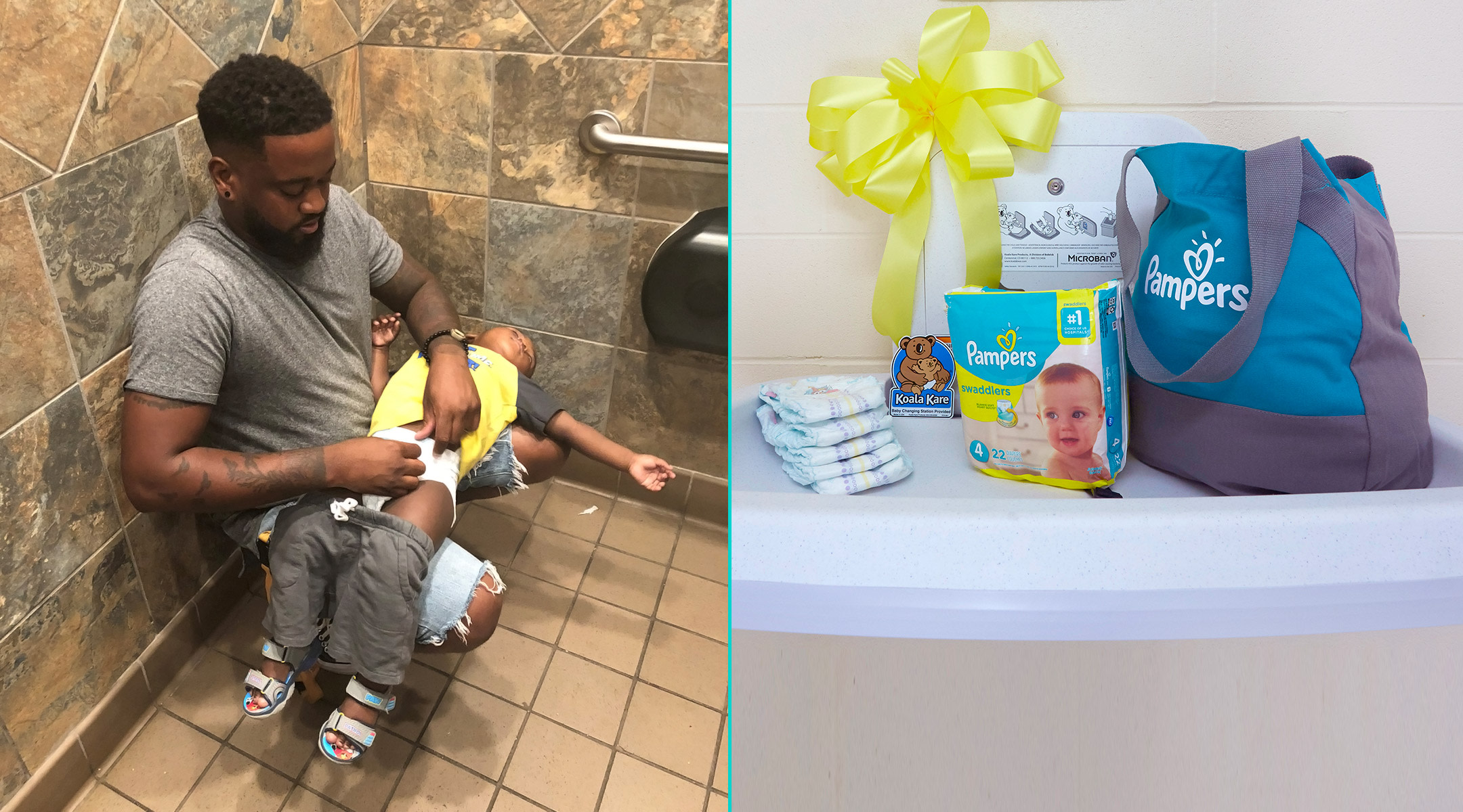 side by side of man changing his toddler's diaper on the floor of the bathroom and a newly added changing table in a men's bathroom
