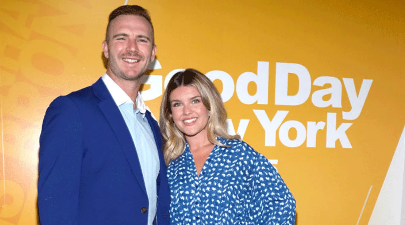 Pete Alonso and Haley Alonso pose backstage at "Good Day New York" on August 13, 2024 in New York City