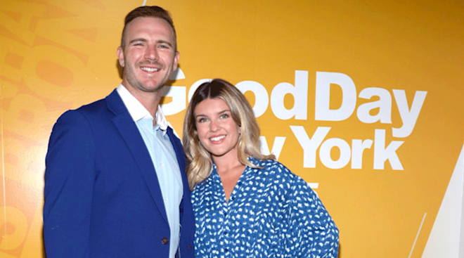 Pete Alonso and Haley Alonso pose backstage at "Good Day New York" on August 13, 2024 in New York City