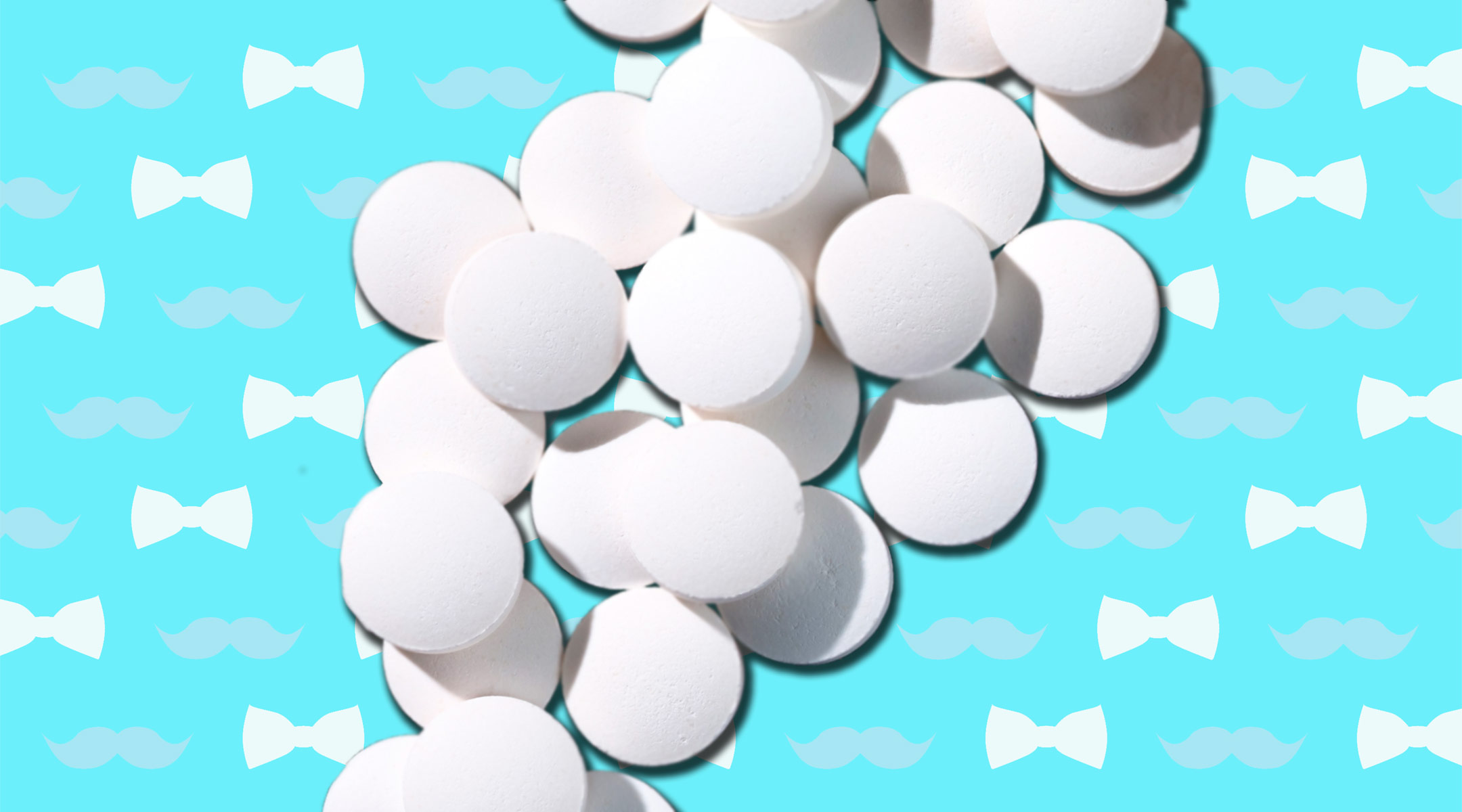 birth control for men, pills overlaid on a blue pattern background