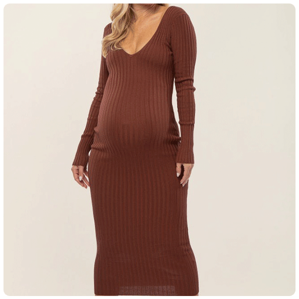 PinkBlush Taupe V-Neck Long Sleeve Fitted Maternity Maxi Dress