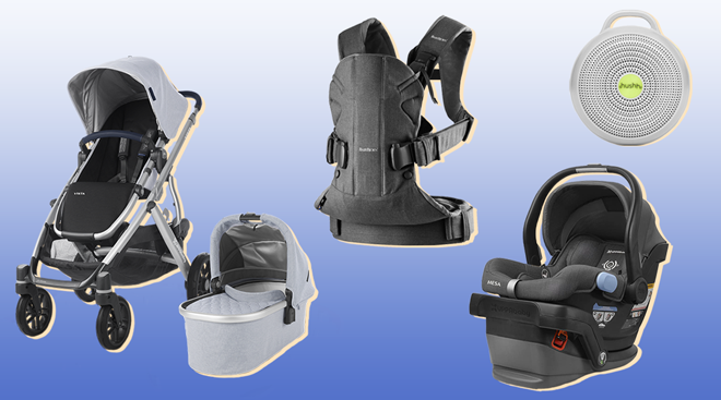 Selection of products from top registry items including UppaBaby Mesa infant car seat and Hushh sound machine. 