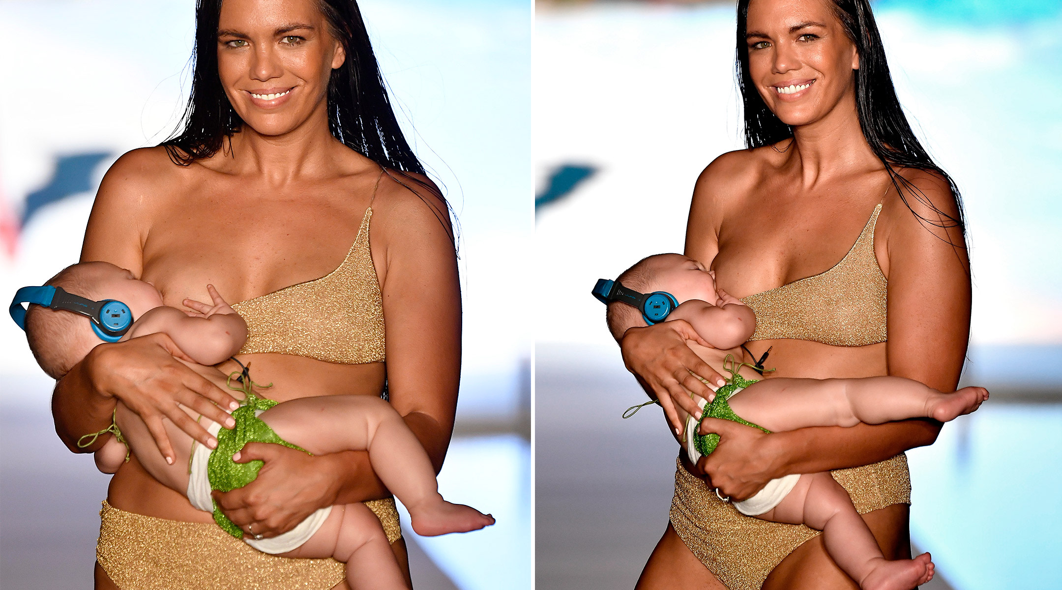 sports illustrated model mara martin, walking the runway while breastfeeding her baby
