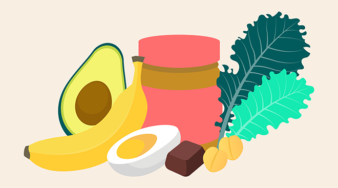 Illustration of healthy snacks to eat during postpartum time, including banana, peanut butter, kale, dark chocolate, avocado, hard boiled egg and chick peas