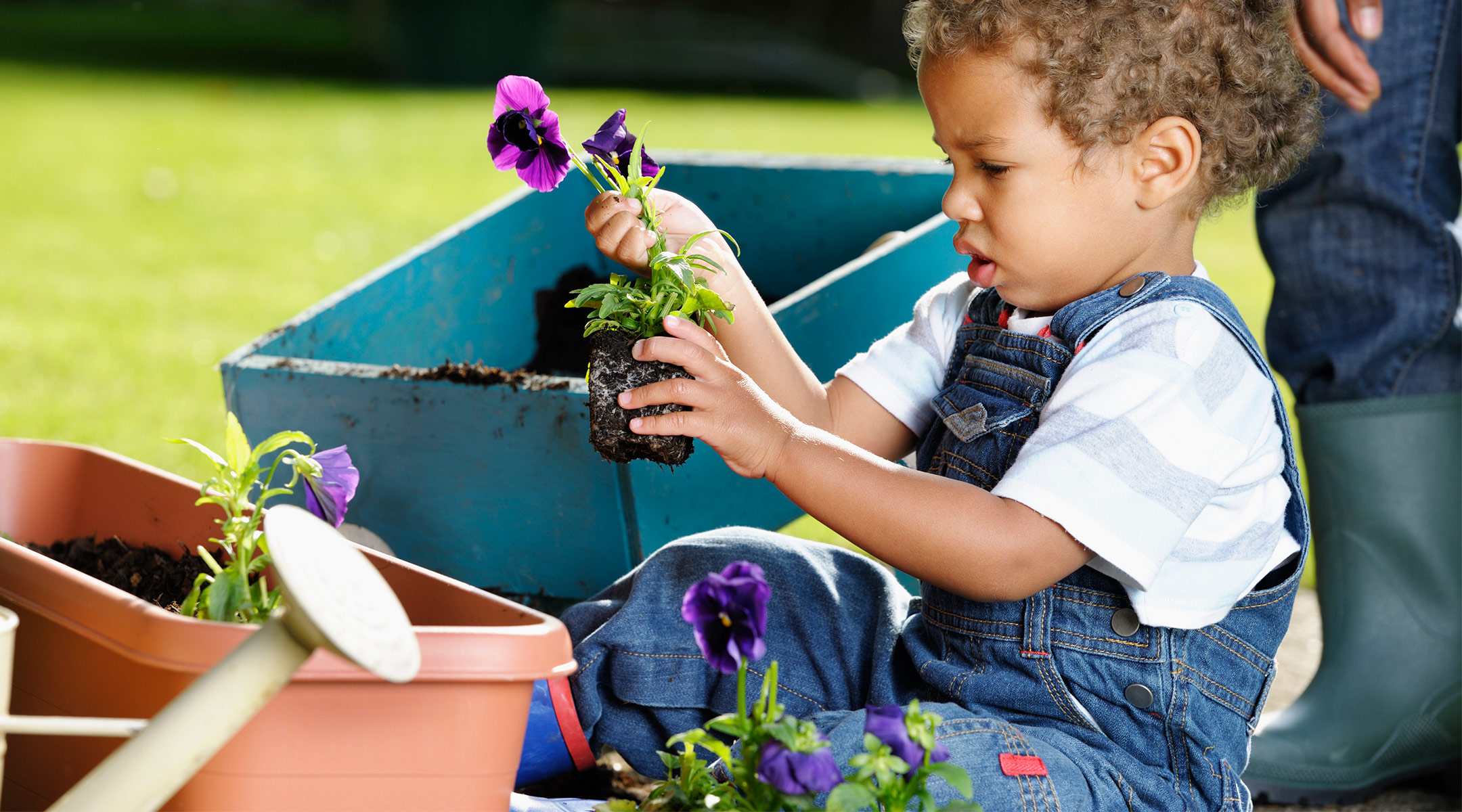 toddler planting flowers in a garden