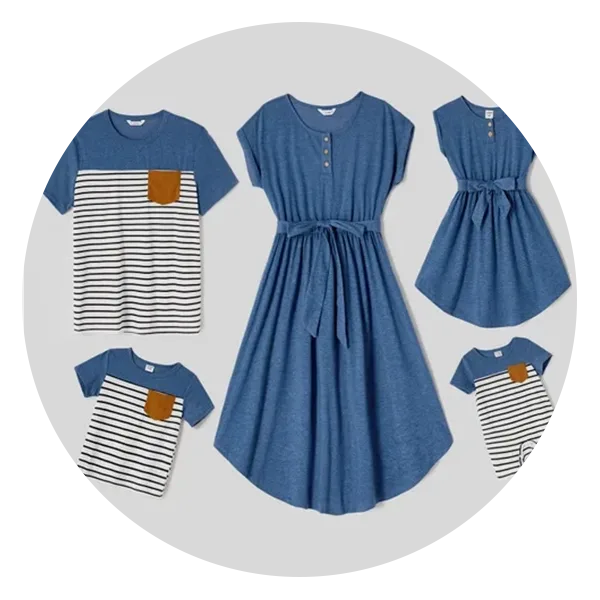 Pat Pat Family Matching Blue Cap-sleeve Belted Midi Dresses and Short-sleeve Striped Spliced T-shirts Sets