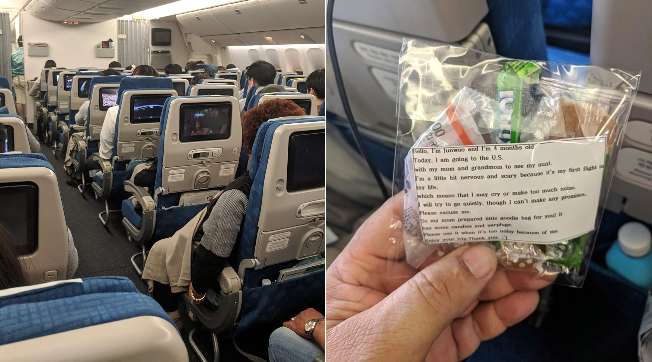 mom hands out care bags in case her baby cries on long flight