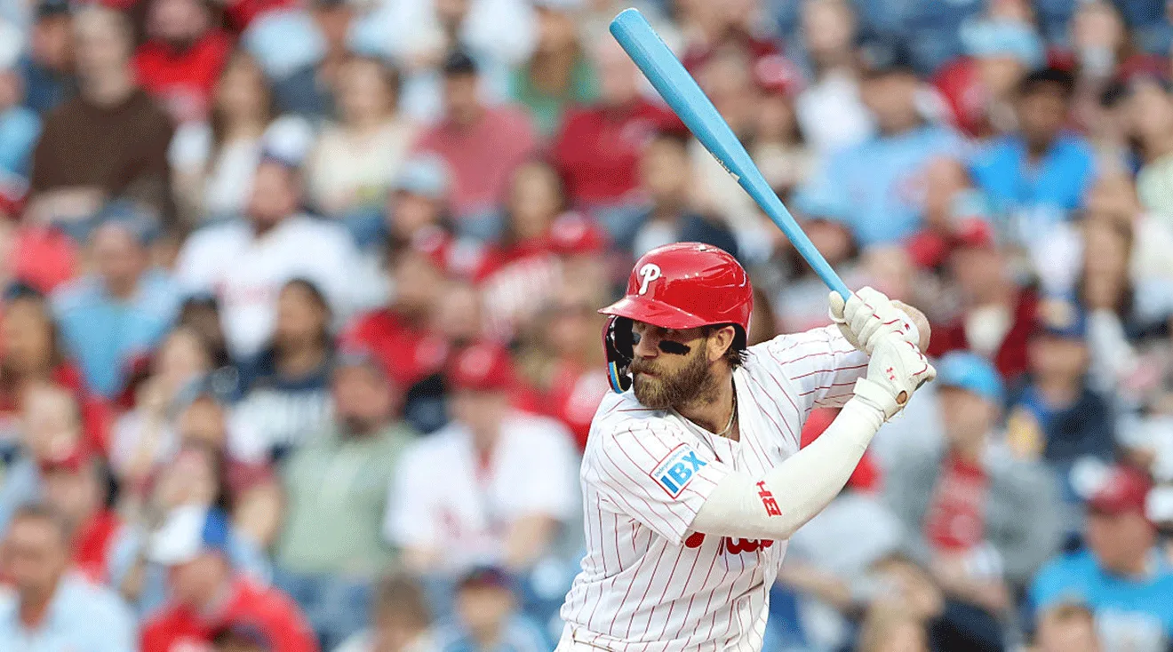 Bryce Harper #3 of the Philadelphia Phillies bats in the first inning against the San Francisco Giants at Citizens Bank Park on April 14, 2025 in Philadelphia, Pennsylvania
