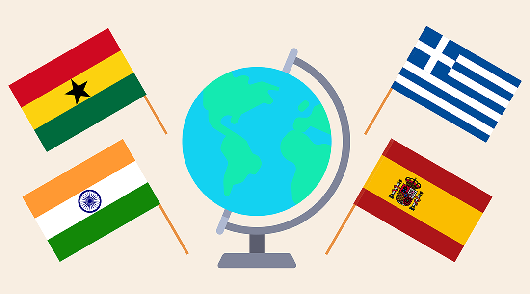 Illustrated flags from Ghana, India, Spain and Greece alongside an illustrated globe of the world.