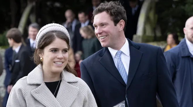 Princess Eugenie and Jack Brooksbank attend the Christmas Day service at St Mary Magdalene Church on December 25, 2022 in Sandringham, Norfolk. King Charles III ascended to the throne on September 8, 2022, with his coronation set for May 6, 2023