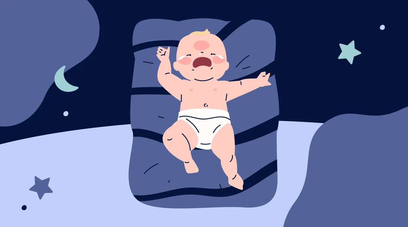 graphic of baby crying with nighttime illustrations