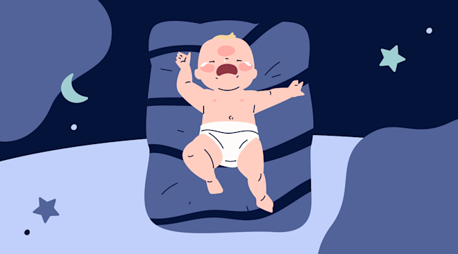graphic of baby crying with nighttime illustrations