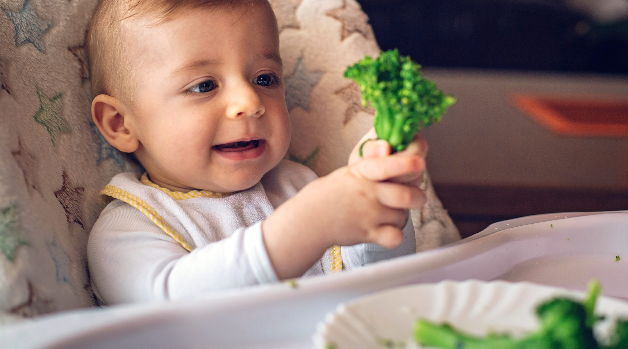 baby in high chair eating broccoli solid food