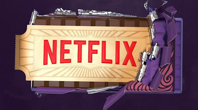 golden netflix ticket inside chocolate bar, promoting charlie and the chocolate factory