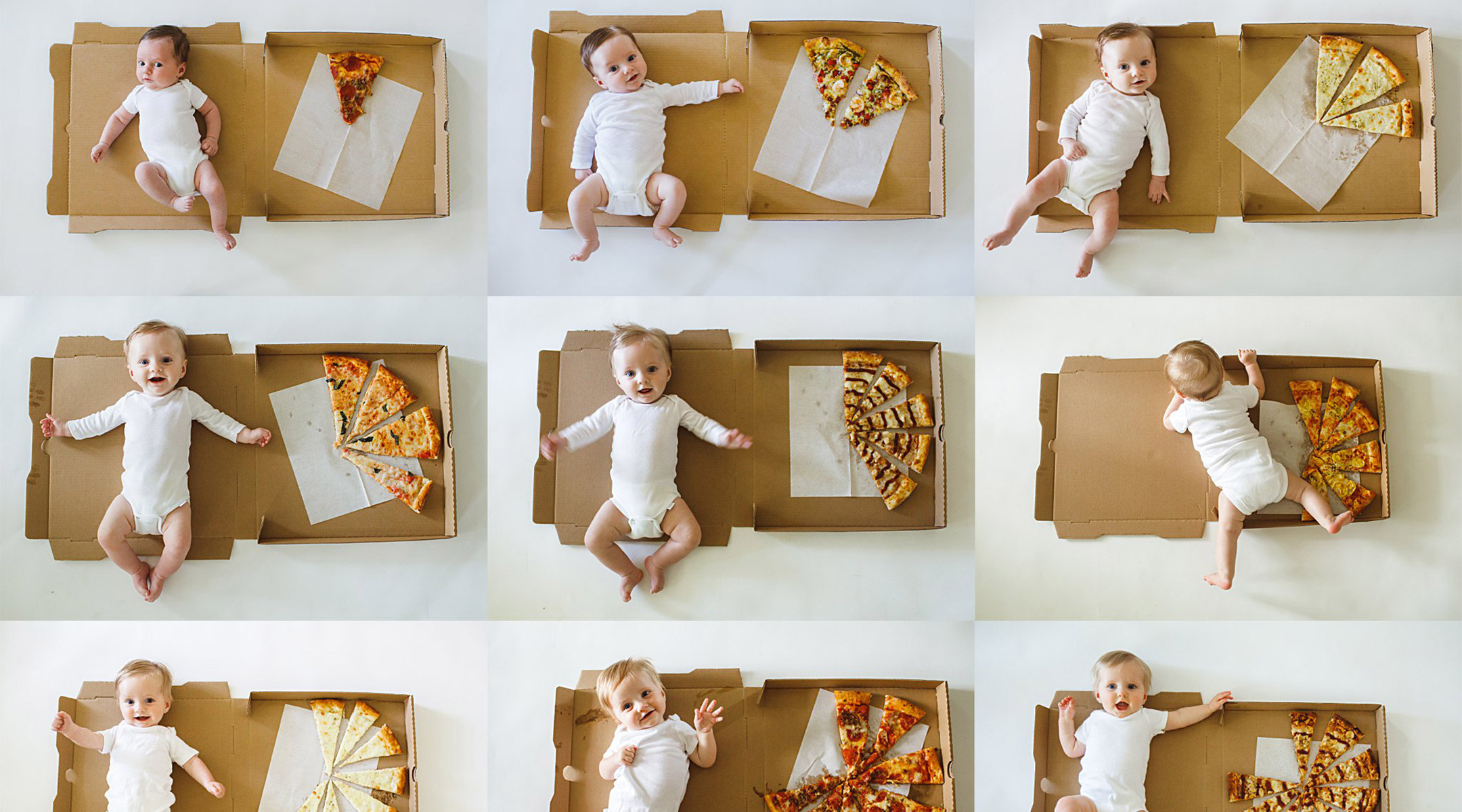 photographer creatively captures each month of her new baby using pizza slices
