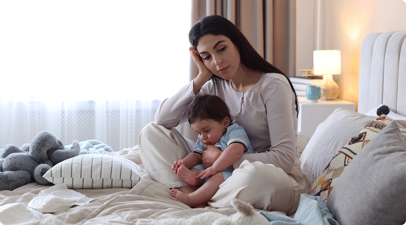mom with seasonal blues at home with baby