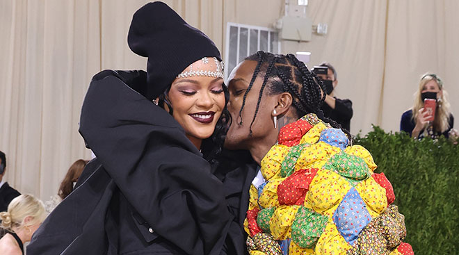 Asap Rocky kissing Rihanna on the cheek at the 2021 Met Gala