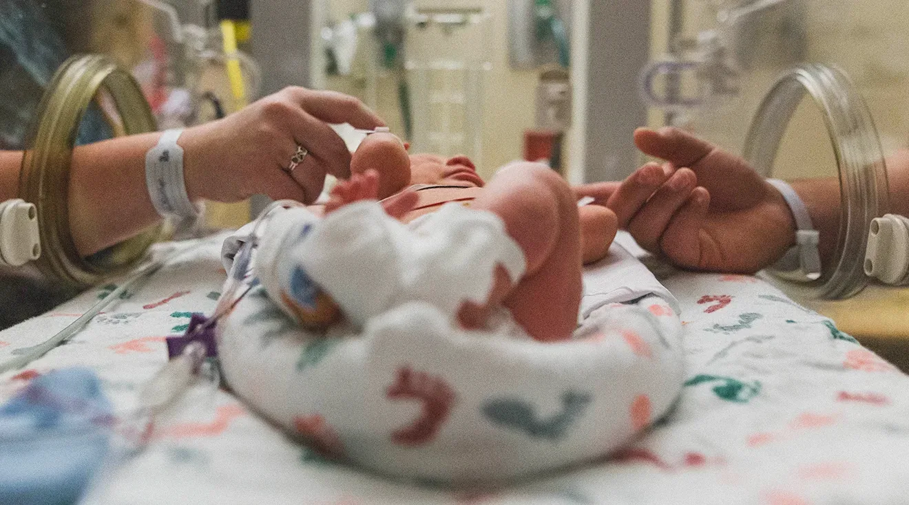 parents holding premature baby's hands in nicu