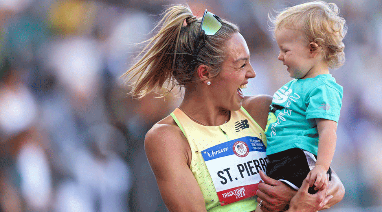 Elle St. Pierre celebrates with her son Ivan after winning in the women's 5000m final on Day Four of the 2024 U.S. Olympic Team Track & Field Trials at Hayward Field on June 24, 2024 in Eugene, Oregon