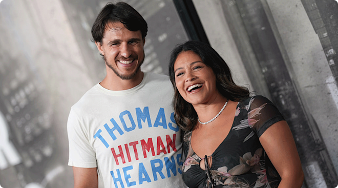 Joe Locicero and Gina Rodriguez attend the Katie Taylor vs Amanda Serrano red carpet at Madison Square Garden on July 11, 2025 in New York City