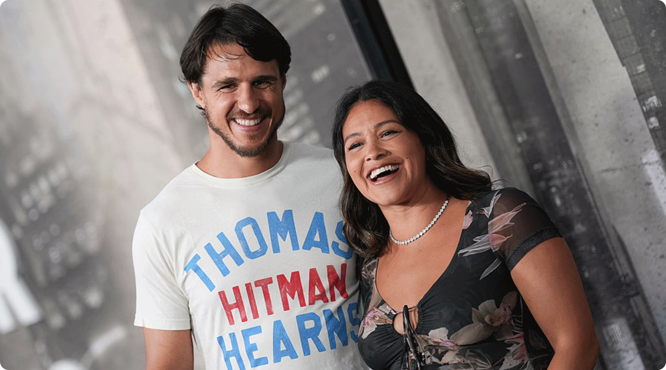 Joe Locicero and Gina Rodriguez attend the Katie Taylor vs Amanda Serrano red carpet at Madison Square Garden on July 11, 2025 in New York City