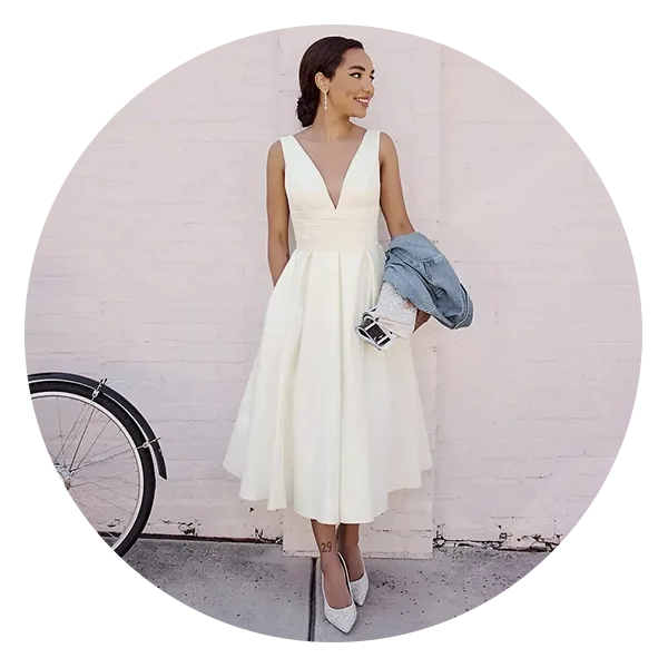 David's Bridal Satin V-Neck Tea Length A-Line Dress