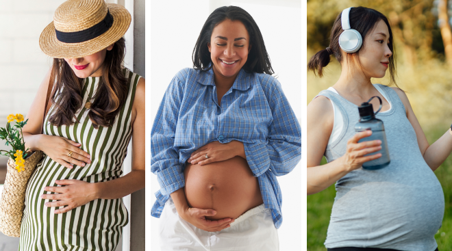 three pregnant women showing off their maternity style